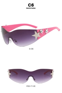 Detail of pink Y2K sunglasses featuring purple gradient lenses and silver star accents
