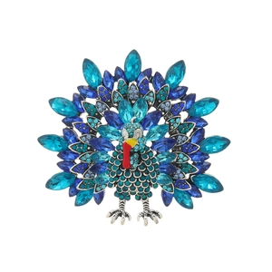Vintage turkey brooch with vibrant blue rhinestones and crystal peacock tail design