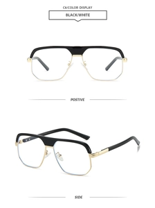 Detail view showing front and side of black and gold oversized pilot sunglasses