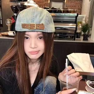Retro light blue denim baker boy hat with brown leather buckle strap for women