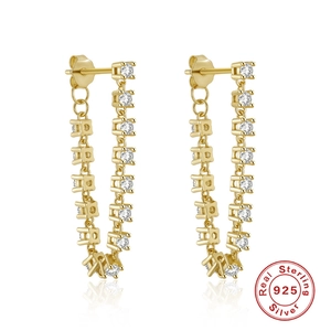 925 Sterling Silver Gold Plated Tassel Chain Dangle Earrings AAAAA Zirconia Inlaid Minimalist Ins Style Women Fashion Jewelry