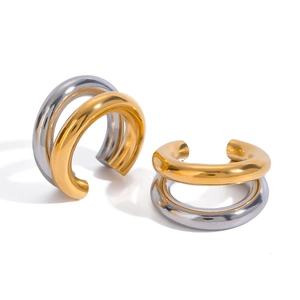 Minimalist double-layer C-shape ear cuffs in two-tone gold and silver stainless steel