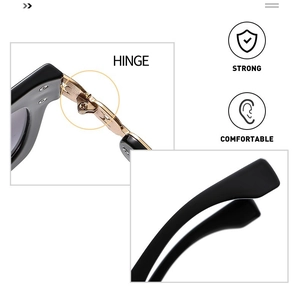 Detail view of durable metal hinges and ergonomic temples on black square sunglasses