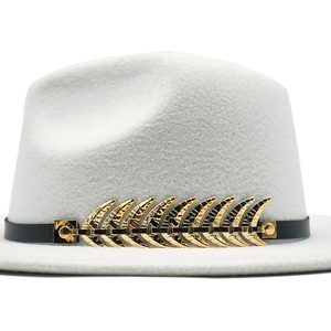 Light gray wool fedora hat with black leather band and golden metal feather detail