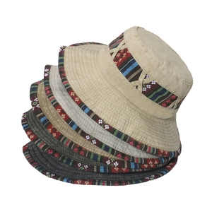 Outdoor washed cotton bucket hats with ethnic style colorful woven bands in multiple colors