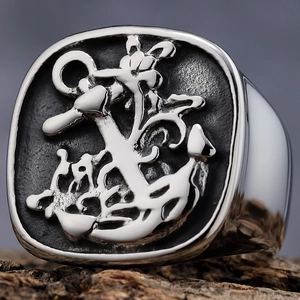 Retro punk stainless steel ring for men featuring an anchor and vine relief carving