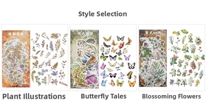 Detail showing vintage botanical, butterfly and flower themed sticker packs for DIY journaling