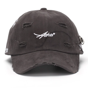 Distressed charcoal grey baseball cap with Asher embroidery and silver ring details
