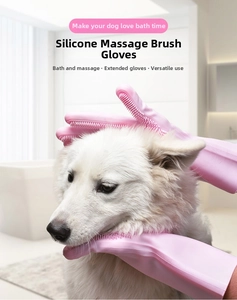 Pink silicone grooming glove with long sleeve design massaging a white dog during bath time