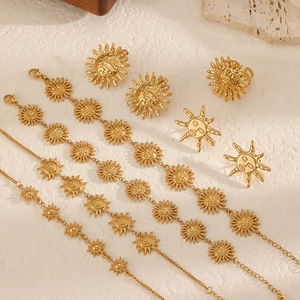 Vintage 18k gold plated stainless steel sun pendant jewelry set with earrings and ring