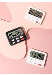 Three digital kitchen timers in black and white with large LCD screen and six function buttons