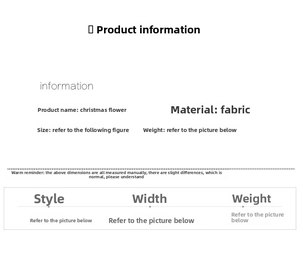Detailed specification chart for fabric Christmas flowers showing material and dimensions
