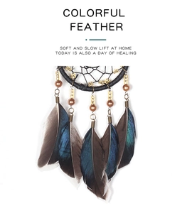 Detail of shimmering blue and brown feathers with beads on a handmade dreamcatcher