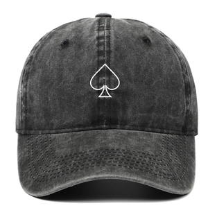 Vintage washed dark grey denim baseball cap with white embroidered spade icon on the front