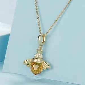 Exquisite S925 sterling silver honey bee pendant with yellow crystal and zircons