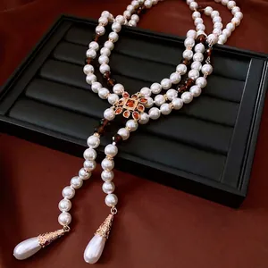 Vintage Multi-Layer Artificial Pearl Glass Bead Long Necklace With Flower Pendant Teardrop Artificial Pearl Fringe For Women Luxury Court Style
