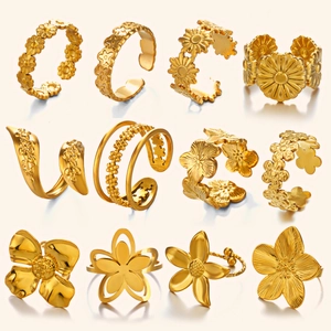18k gold plated stainless steel floral rings set featuring various flower designs