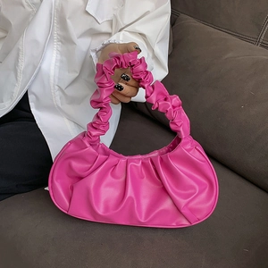 Fashionable rose red pleated cloud shoulder bag in soft PU leather for stylish women