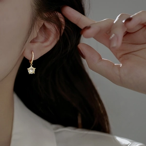 Elegant gold star pendant hoop earrings with sparkling zircon crystals for women