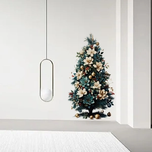 Retro Christmas tree wall decal with magnolia flowers and ornaments for home decor