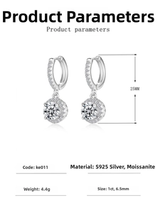 Detailed specs of S925 silver moissanite earrings with 1ct round center stone dimensions
