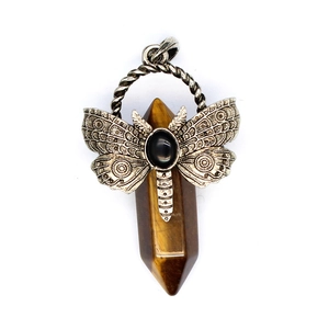 Close-up of silver dragonfly pendant with tiger eye crystal point and black gemstone