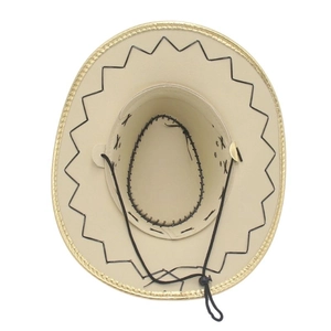 Close-up of brown cowboy hat with black wavy brim stitching and adjustable chin strap