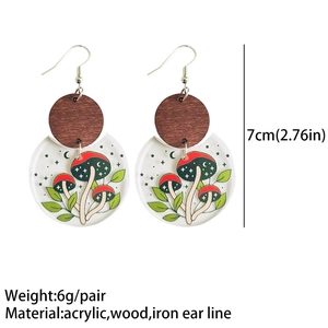 Detailed view of mushroom print earrings with wood and acrylic material specifications