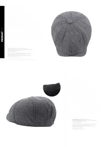 Detail view of dark grey herringbone newsboy cap featuring an adjustable back buckle