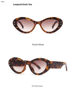 Front and 45-degree side view of leopard cat-eye sunglasses with gold star details