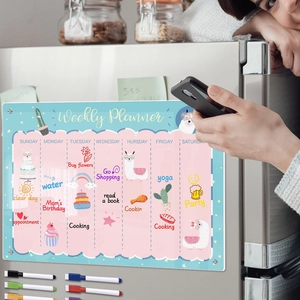 Detailed view of magnetic weekly planner on fridge with colorful cartoon llama and task list