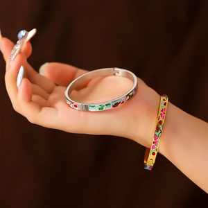 Elegant 18K gold and silver plated enamel bracelets with geometric floral patterns