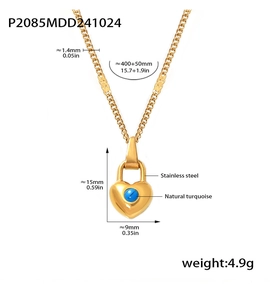 Detailed view of 18k gold plated necklace with turquoise heart lock and size annotations