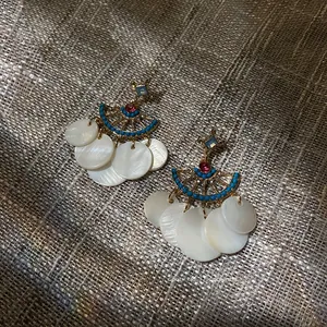 Detail view of bohemian shell fan earrings with golden metal and red gemstone on linen