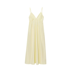 Elegant pale yellow trench-style midi dress with spaghetti straps and a flowing silhouette