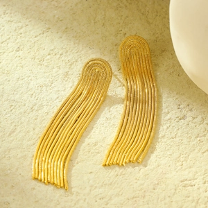 Detail shot of long golden tassel earrings with fine multi-strand metal chain design