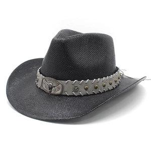 Classic black straw western cowboy hat with metal bull head emblem and curved brim