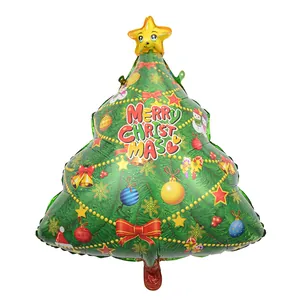 Detailed view of a green Christmas tree foil balloon with Merry Christmas print 70x56cm
