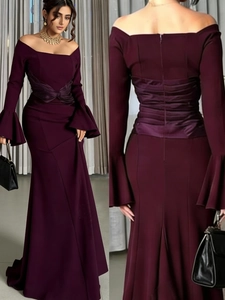 Detail of off-shoulder long sleeve deep purple mermaid evening dress with bell cuffs