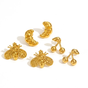 18k gold plated stainless steel earring set featuring bee, croissant, and cherry designs