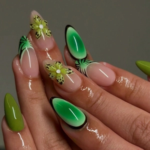 3D Floral Almond Press On Nails Green Leopard Print French Style Glossy Fake Nails Art For Women