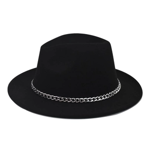 Classic black wool fedora hat featuring a silver metal chain band and wide brim design