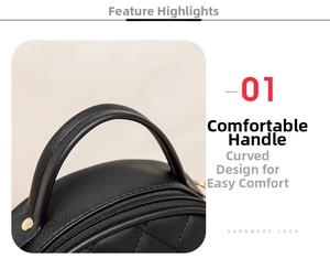 Close-up of black quilted leather handbag with round handle and gold hardware lock