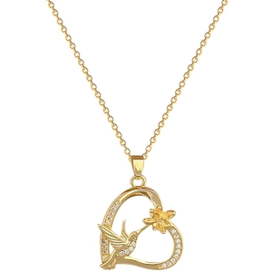 Gold stainless steel necklace with sparkling hummingbird heart pendant on white background