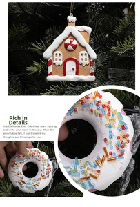 Detail of resin gingerbread house and donut Christmas ornaments with colorful beads