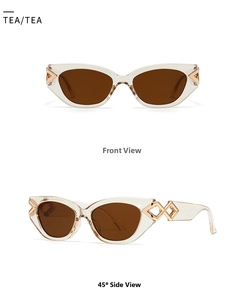 Detail of transparent cat-eye sunglasses with gold geometric hollow metal temples