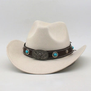 Cream western cowboy felt hat with brown turquoise band and silver bull head metal buckle