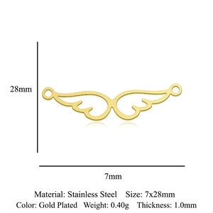Detailed specs of a 7x28mm gold-plated stainless steel angel wing charm for jewelry