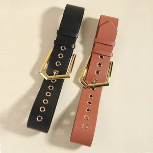 Elastic wide belt with vintage gold pentagon buckle and eyelet design in black and brown