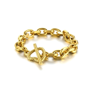 Gold stainless steel chunky O-chain bracelet with heart detail and T-bar toggle clasp